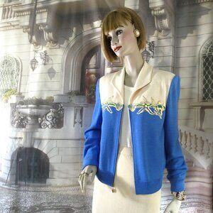 St. John Collection Size 10 Blue and Ivory Jacket with Gold Embellish Embroidery